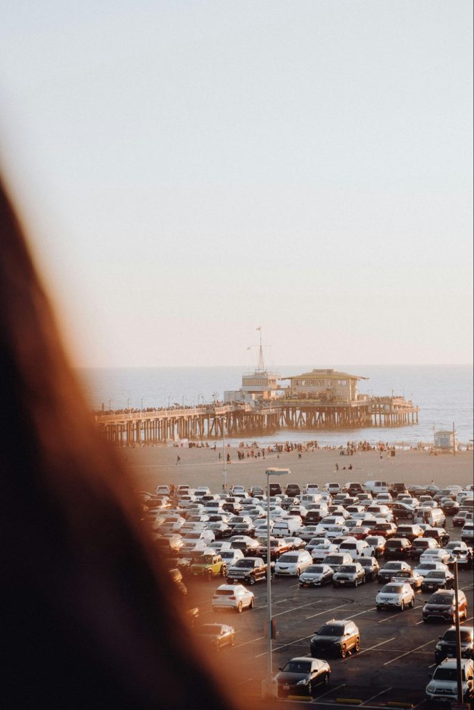 Crowded Santa Monica beach parking near the pier