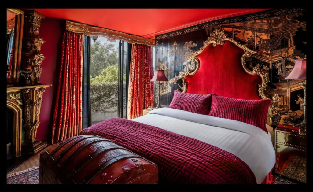 Decorative guest room at Petit Ermitage with bohemian design