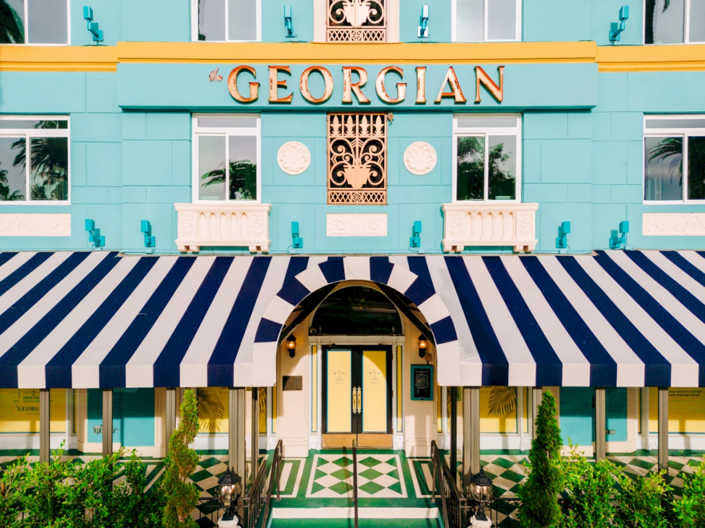 Front entrance of The Georgian Hotel with Art Deco façade
