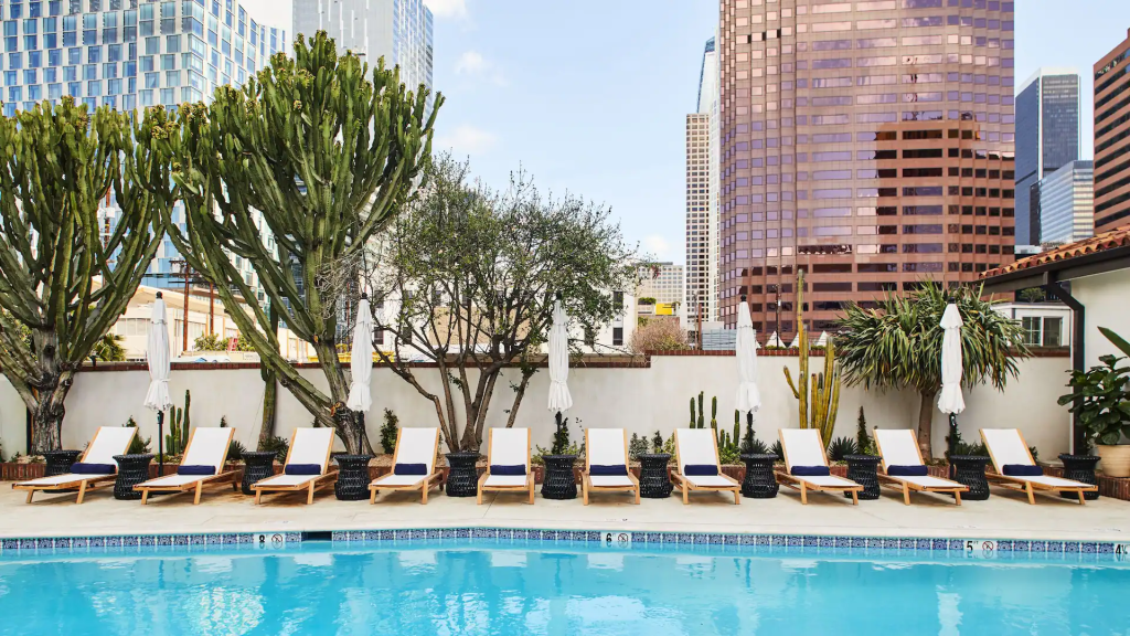 Outdoor pool at Hotel Figueroa with Mediterranean-style setting