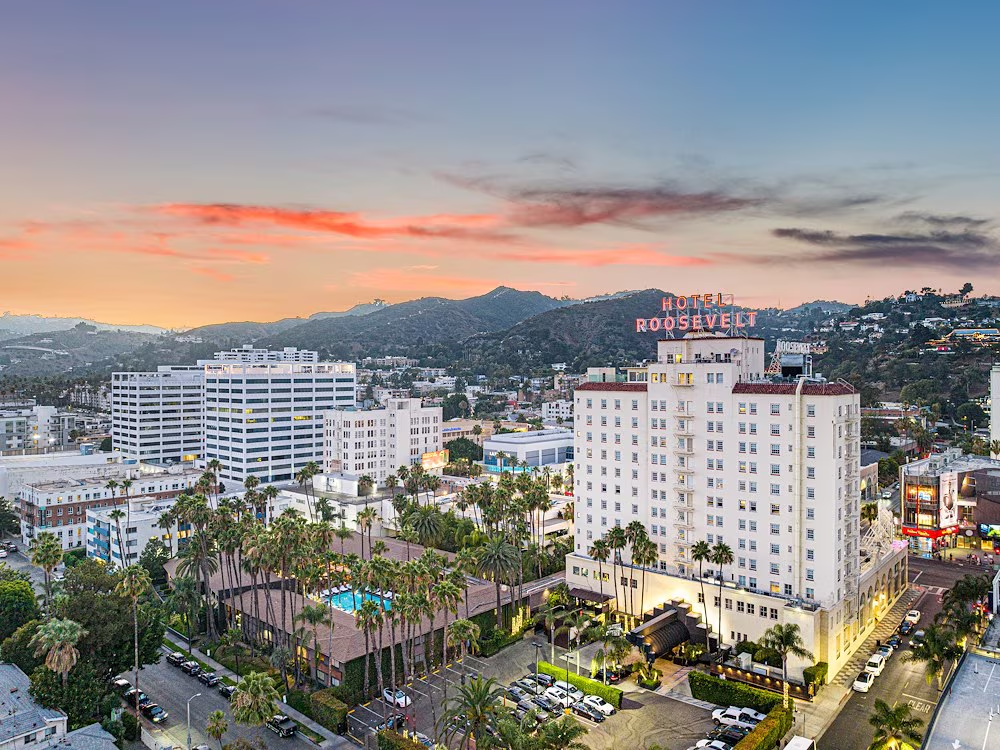 Aerial view of The Hollywood Roosevelt Hotel at sunset