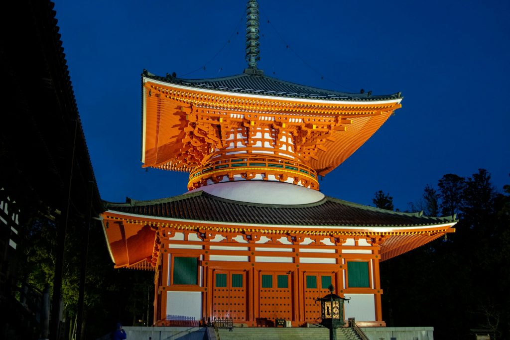 Illuminated Konpon Daitō pagoda at Koyasan (Mount Kōya), Wakayama, Japan