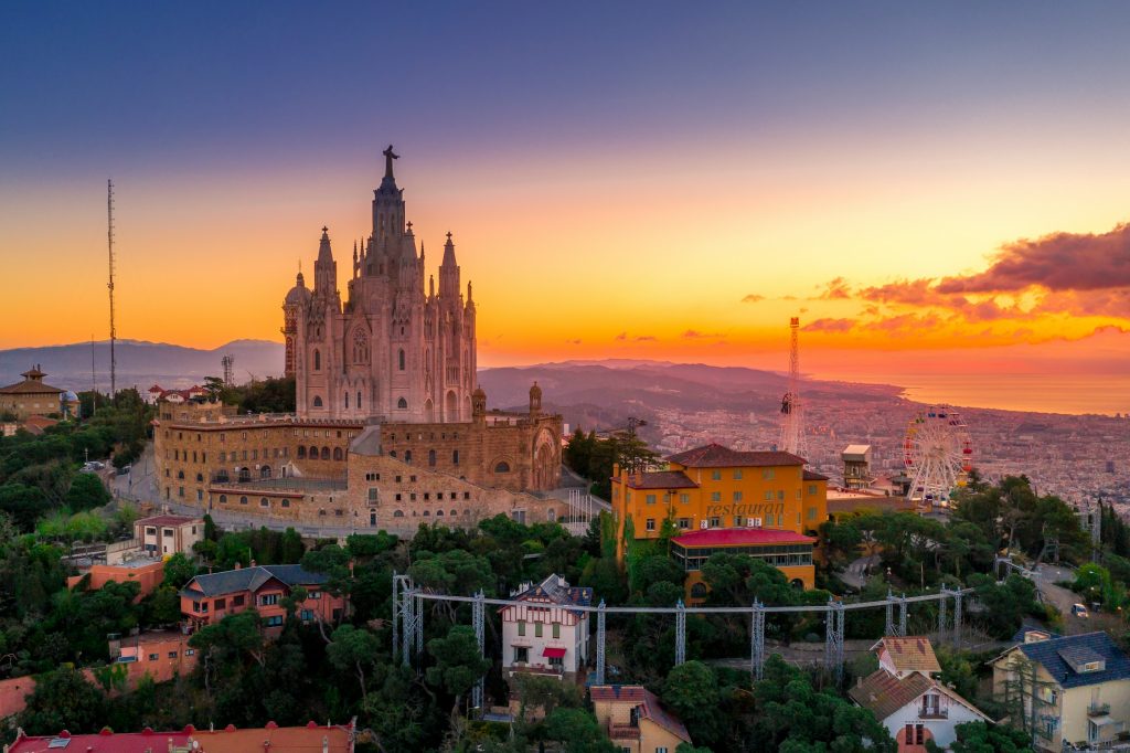 Tibidabo and the Sagrat Cor church overlooking Barcelona at sunset