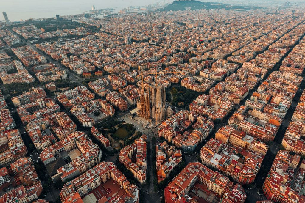 Aerial view of Barcelona with the Sagrada Família at the center
