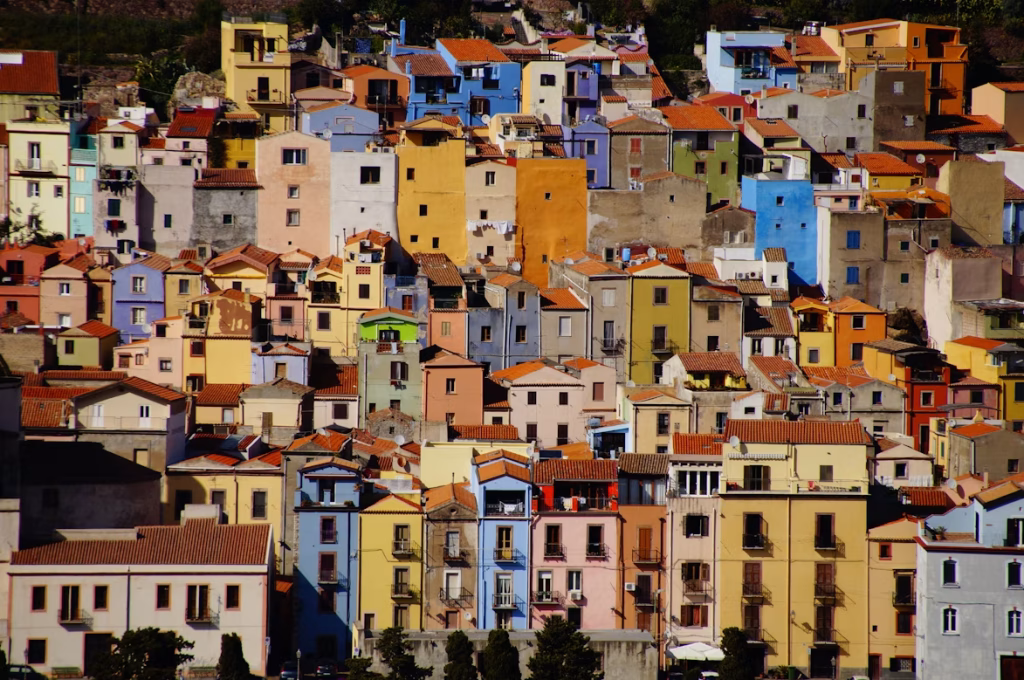 Colorful historic buildings in Oristano, Sardinia
