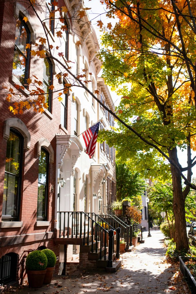 Historic Georgetown street with autumn trees in Washington DC